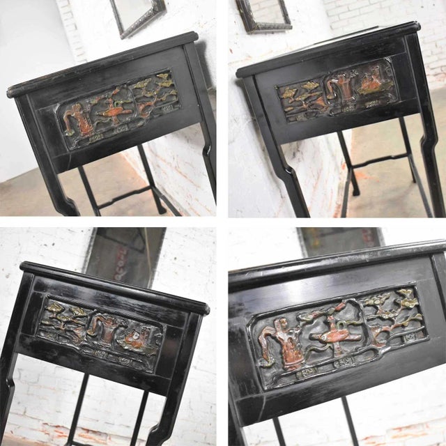 Early 20th Century Antique Lacquered Asian Console Table & Mirror with Hand Carved Lacquer Figures & Florals - a Pair For Sale - Image 10 of 13