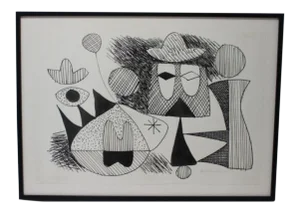 Mid-Century Rene Marcel Gruslin Pen-Ink Abstract Painting