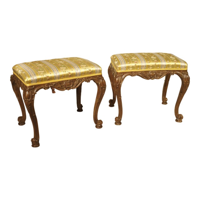 Pair of Well Carved French Louis XV Style Tabouret Stools With Silk Upholstery For Sale