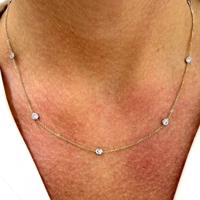 Gold Ladies 14k Yellow Gold 0.45ctw Round Diamond by the Yard Station Chain Necklace For Sale - Image 8 of 8