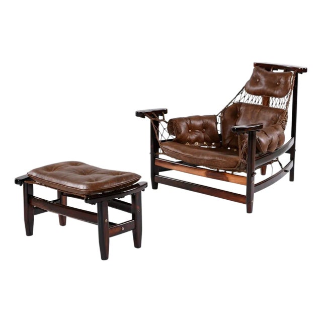 1960s Restored Brazilian Jangada Rosewood & Leather Sling Chair With Ottoman by Jean Gillon For Sale