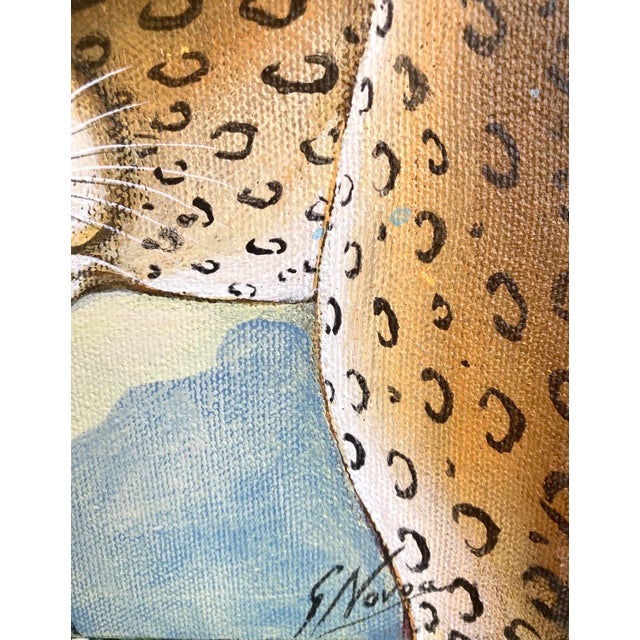 Original Painting leopards surrounding a blue Venus nude sculpture. tropical jungle setting. Titled "Blue Venus". Hand...