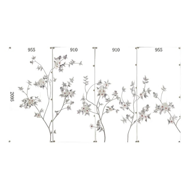 Hand‑Painted Chinoiserie Mural Panels, Soft Grey‑Tone Blossom Branches, Set of 4 For Sale