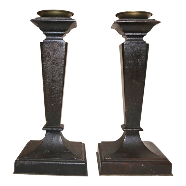 Pair Antique 1800's Hand Carved English Wood Brass Candlesticks Candle Holders For Sale