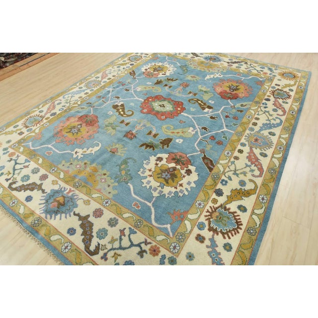 Traditional Oushak Rug 9′ X 11’8” Blue Wool Traditional Hand-Knotted Oriental Carpet For Sale - Image 3 of 12