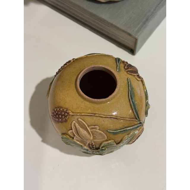 Antique Chinese Mustard Glazed Pottery Lotus & Crane Relief Vase / Ginger Jar For Sale - Image 11 of 16