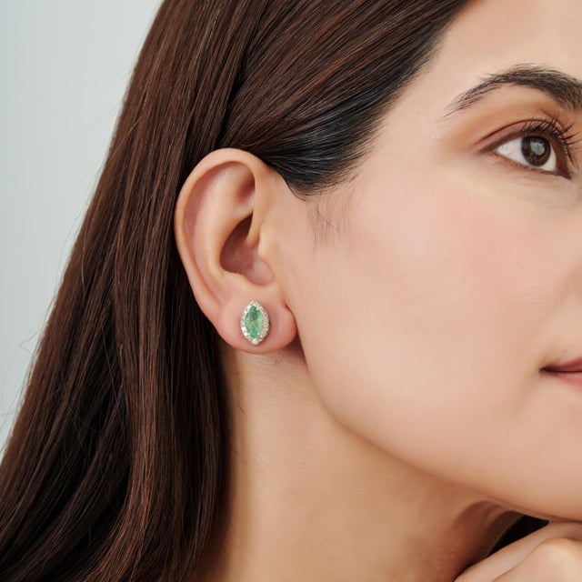 Vintage Inspired 1.8 Ct Natural Marquise Emerald & Diamond Stud Earrings 2 Pieces For Sale - Image 9 of 12