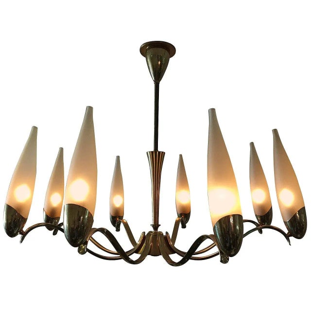 Metal Stilnovo Eight-Arm Brass and Glass Chandelier For Sale - Image 7 of 7