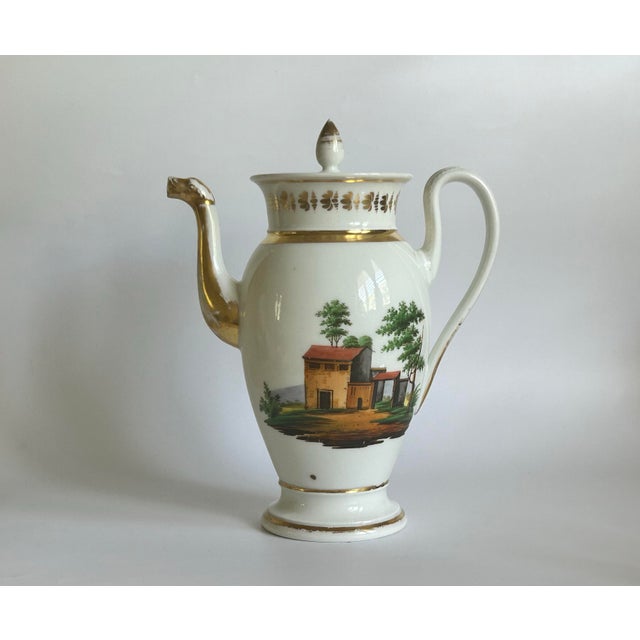 French Antique French Porcelain Coffee Pot With Hand-Painted Landscapes, c.1820–1830 For Sale - Image 3 of 12