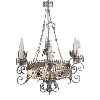 1960's Silvered Iron & Tole Tudor Chandelier For Sale