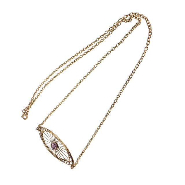 Traditional Early 20th Century Edwardian 14k Gold Amethyst and Seed Pearl Necklace For Sale - Image 3 of 5