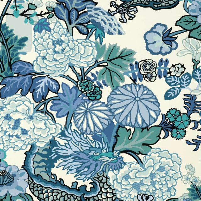 Sample - Schumacher Chiang Mai Dragon Wallpaper in China Blue For Sale