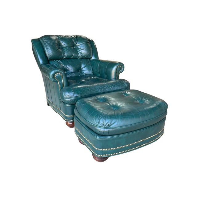 Vintage Thomas-Bain Leather Club Chair & Ottoman Set in Peacock Teal Green | Tufted Traditional Lounge Seating Description...