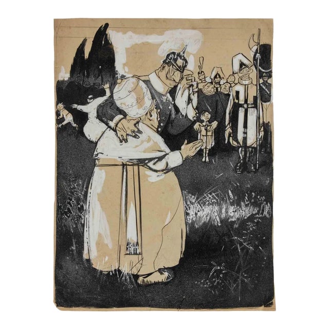 Gabriele Galantara, The Visit of the Pope, Mixed Media Drawing, 1908 For Sale