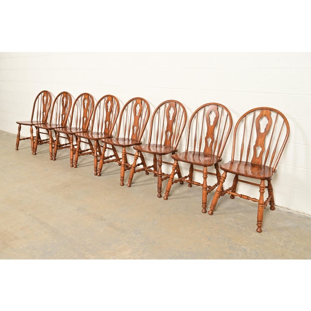 Ethan Allen Style American Colonial Solid Oak Spindle Back Windsor Dining Chairs, Set of Eight For Sale - Image 9 of 9