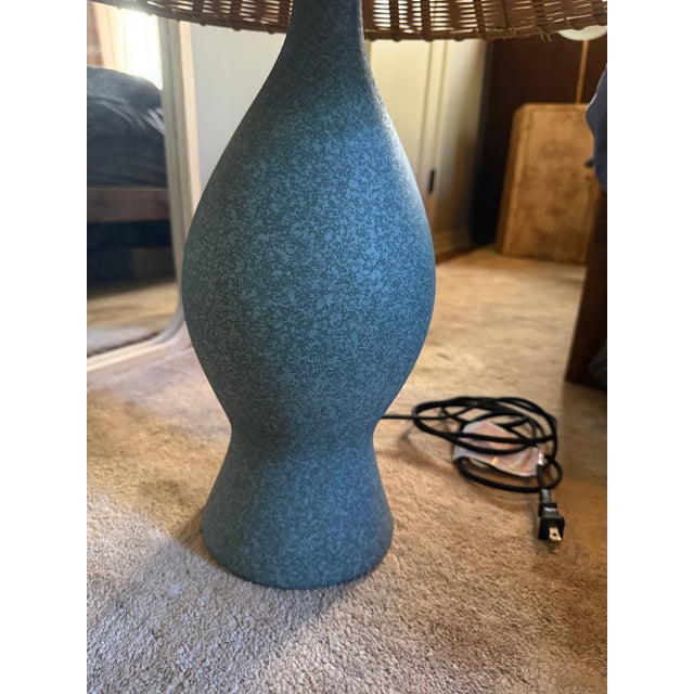 Rustic European Courbe Grey Ceramic Table Lamp With Rattan Shade by Athena Calderon For Sale - Image 3 of 6