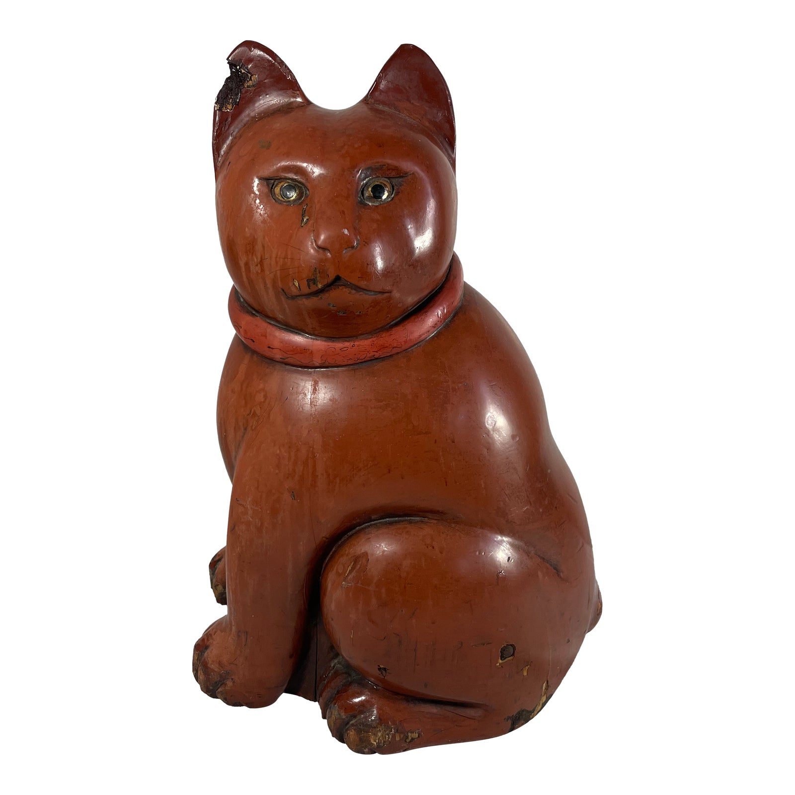 Antique Red Lacquer Wooden Cat Statue | Chairish