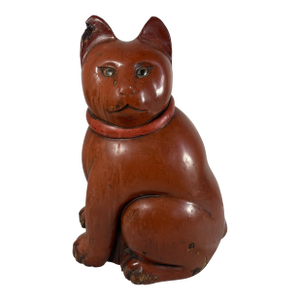 Antique Red Lacquer Wooden Cat Statue