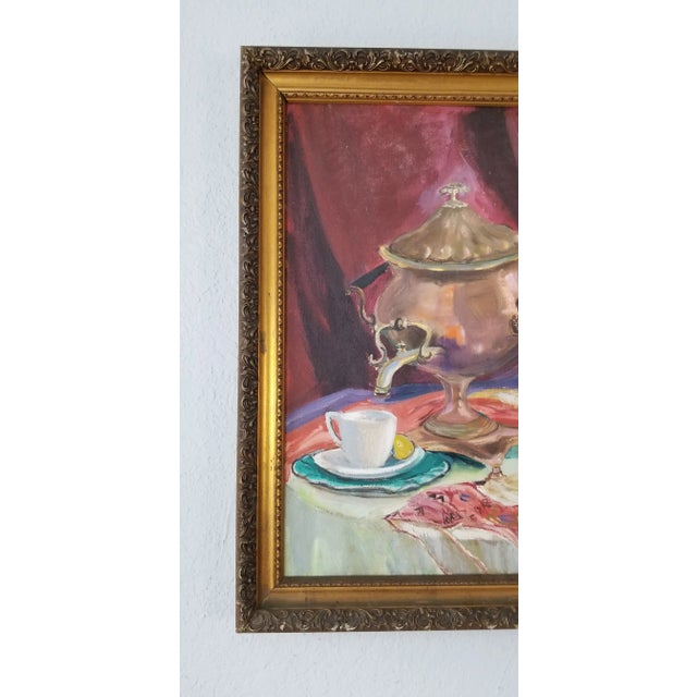 Wood 1960s Vintage Tea Service Still Life Abstract Painting, Signed For Sale - Image 7 of 10