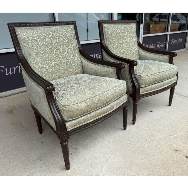 French Pair of Ethan Allen Giselle Cut-Velvet Upholstered Bergère Chairs For Sale - Image 3 of 16