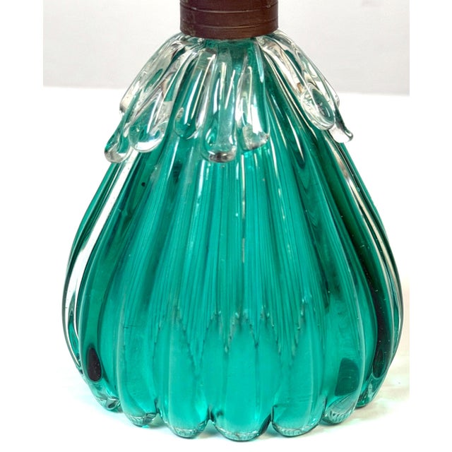 Mid 20th Century Archimede Seguso Murano Ribbed Emerald Green Glass Lamp Applied Crystal Collar For Sale - Image 12 of 16