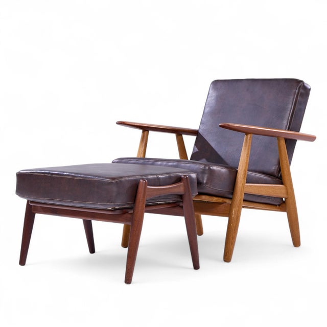 Mid-Century Modern Hans Wegner for Getama Ge-290 Mid Century Danish Teak High Back Lounge Chairs - Pair With Ottoman For Sale - Image 3 of 11