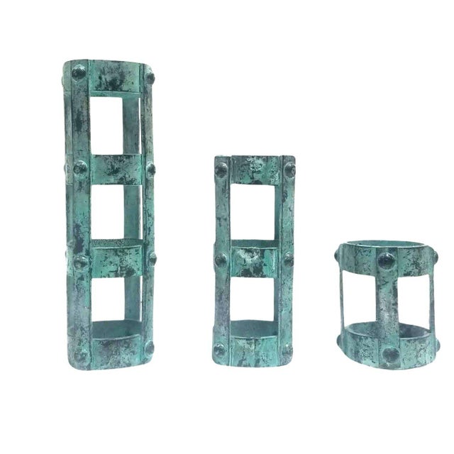 1970s 1970s Set of 3 Brutalist Style Candlestick Holders Cage Design For Sale - Image 5 of 7