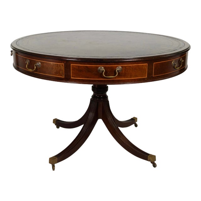 English Mahogany Drum Table With Embossed Leather Top Circa 1900 For Sale