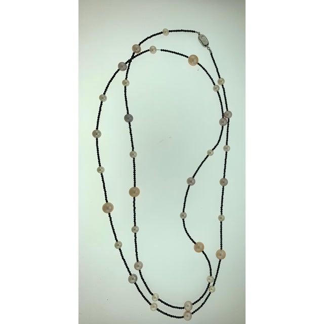 Fresh Water Pearl Single Strand Necklace with Black Spinel Opera Length 46 Inch For Sale - Image 10 of 18