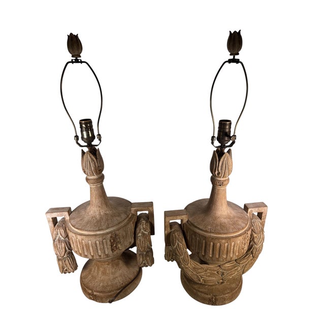 Wood Late 20th Century Italian Style Carved Wood Lamps With Swag Decoration in Distressed Finish - A Pair For Sale - Image 7 of 9