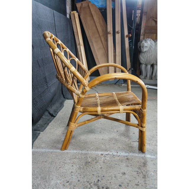 Pair Mid Century Modern Rattan Bamboo Armchairs Boho Sunburst Fan Back Chairs For Sale - Image 18 of 18