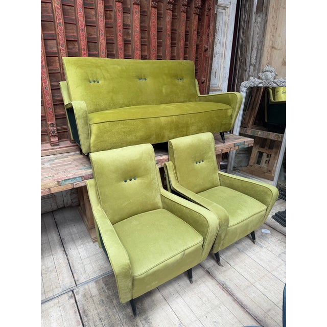 1950s 1950s Set Chartreuse and Emerald Mid Century Settee and Arm Chairs For Sale - Image 5 of 9