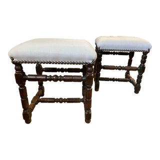 Late 19th Century Pair of English Oak Stools With New Upholstery For Sale