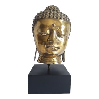 Vintage Large Brass Buddha Head Statue on Stand For Sale