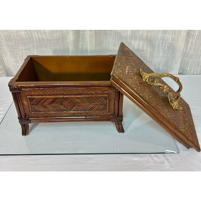 Wood Chic Vintage Large Faux Bamboo and Rattan Memory Keepsake Box With Decorative Brass Handle For Sale - Image 7 of 10
