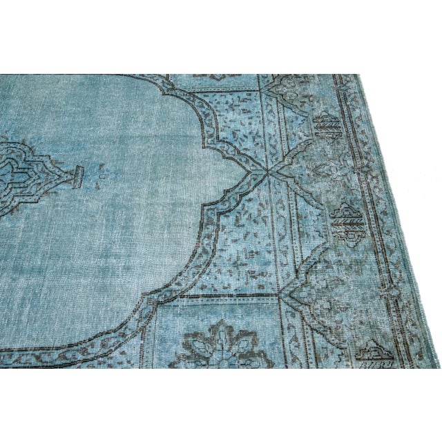 Vintage Persian Overdyed Handmade Medallion Blue Wool Rug For Sale - Image 10 of 11