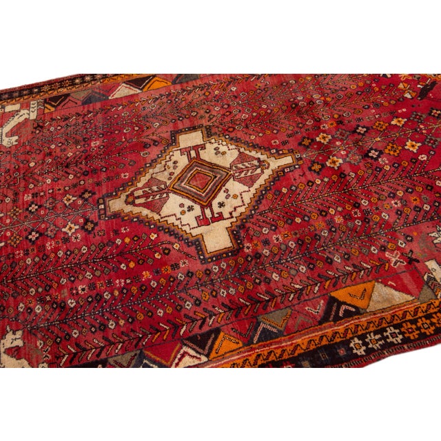 1960s Vintage Shiraz Handmade Medallion Red Wool Rug For Sale In New York - Image 6 of 7