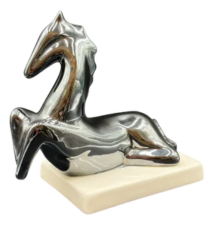After Franz Marc, Shiny Horse Sculpture, 1920s-1940s, Platinum-Plated Metal on a Ceramic Base