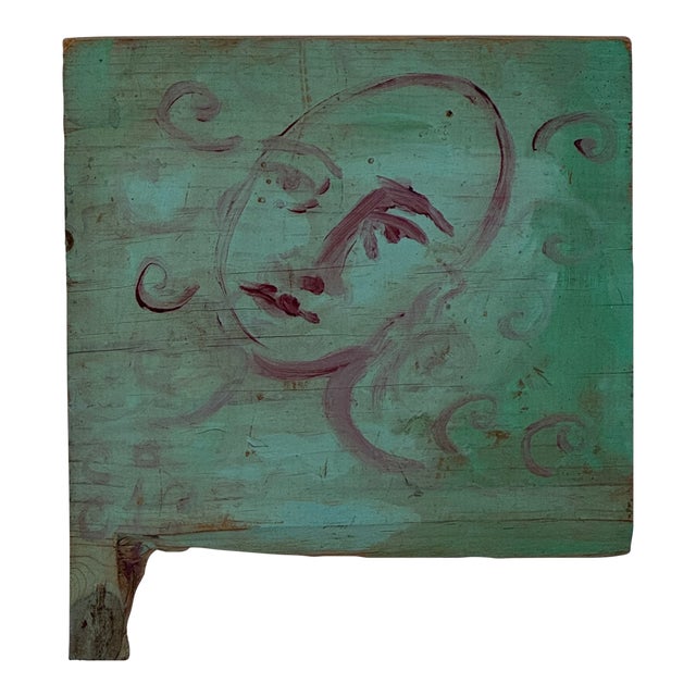 Mid 20th Century Signed Vintage Painting of Woman Face on Wood, Dreamy For Sale