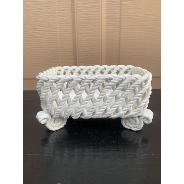 White 1980s French Country White Ceramic Woven Rope Cachepot Basket For Sale - Image 8 of 11