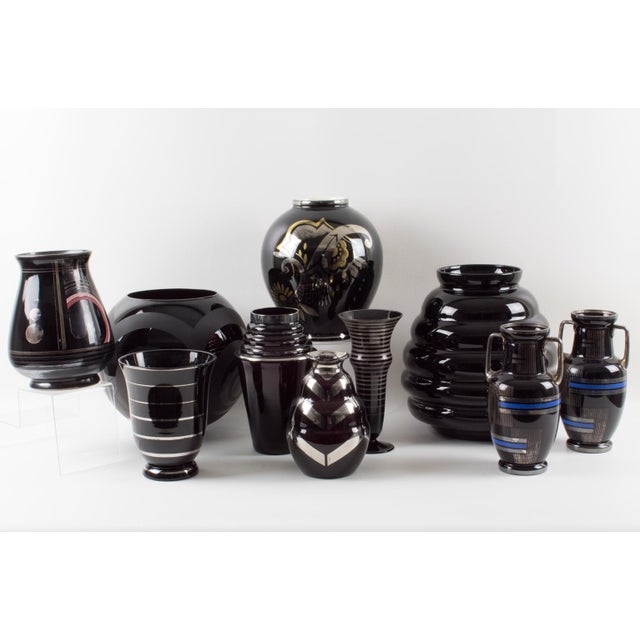 Black Art Deco Black Glass Vase with Silver Overlay Decor, France 1930s For Sale - Image 8 of 8