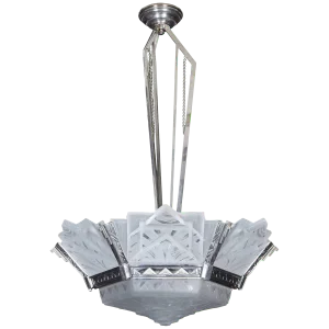 French Art Deco Original Geometric Chandelier Signed Muller Frères Luneville