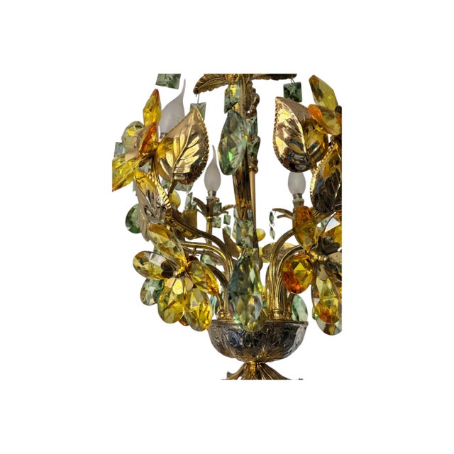 Vintage Hand-Painted Floral Crystal Chandelier | Amber & Green Glass Flowers | Classic Brass Ceiling Light | Restored Antique Lighting For Sale - Image 10 of 17