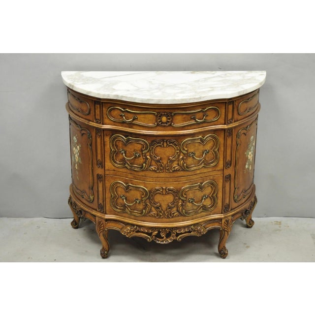 Vintage French Louis XV Style Bombe Demilune Marble Top Floral Painted Commode For Sale - Image 14 of 14