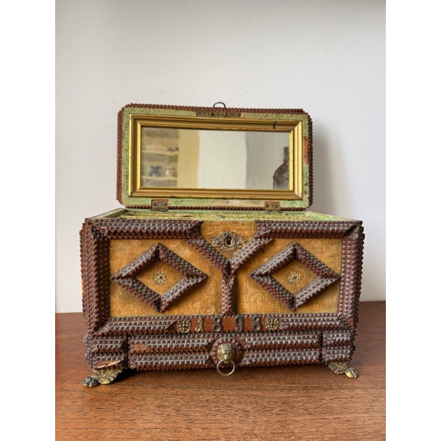 Folk Art Antique Tramp Art Jewelry Box 1898, Hand Carved Wooden Chest With Mirror, Folk Art Keepsake Box, Victorian Trinket Box, Lion Pull For Sale - Image 3 of 14