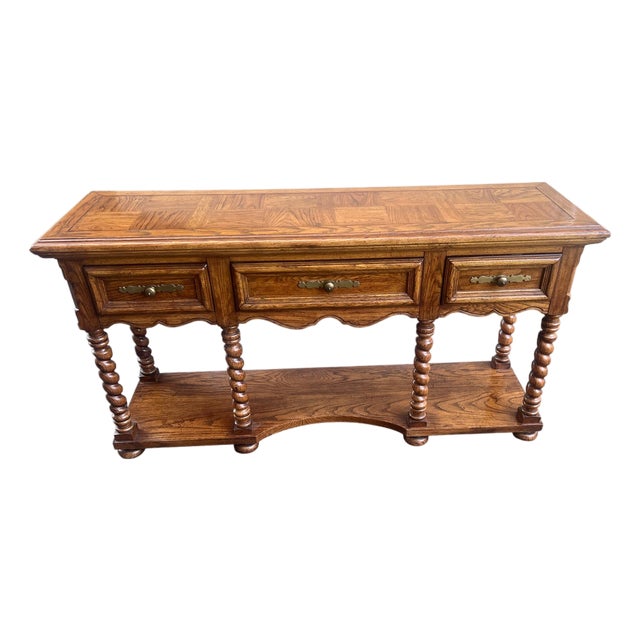 Late 20th Century Oak Barley Twist 3 Drawer Console / Sofa Table For Sale
