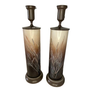 Pair of Vintage La Rochère French Cameo Glass Table Lamps Wheat Motif For Sale