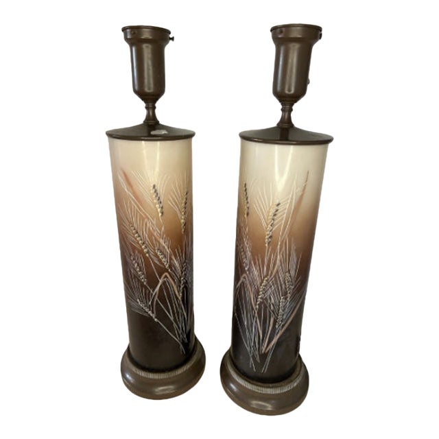 Pair of Vintage La Rochère French Cameo Glass Table Lamps Wheat Motif For Sale