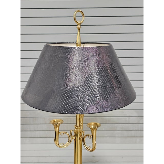 Metal Late 20th Century 3 French Horns Bouillotte Brass Floor Lamp W Black Shade For Sale - Image 7 of 7