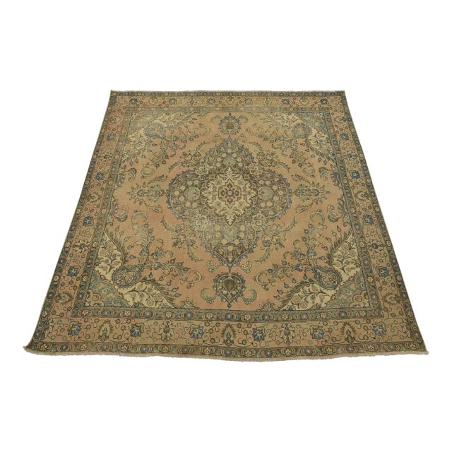 Tabriz Rug 9’3” X 9’2” Pink Wool Vintage Distressed Hand-Knotted Carpet For Sale